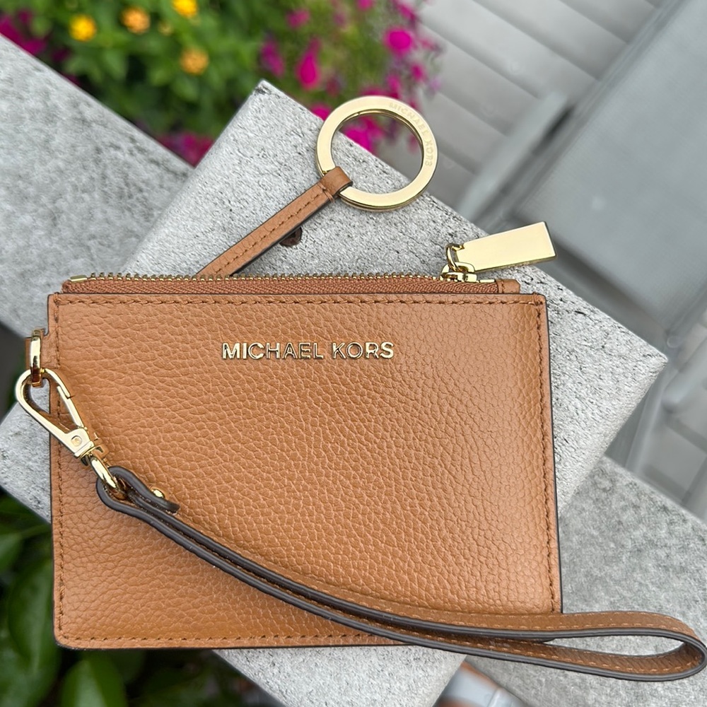 Michael Kors Jet Set Key Wallet Card Holder Tan Leather